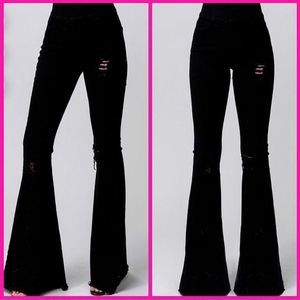 Black Distressed Pull On Bell Bottoms Jeans